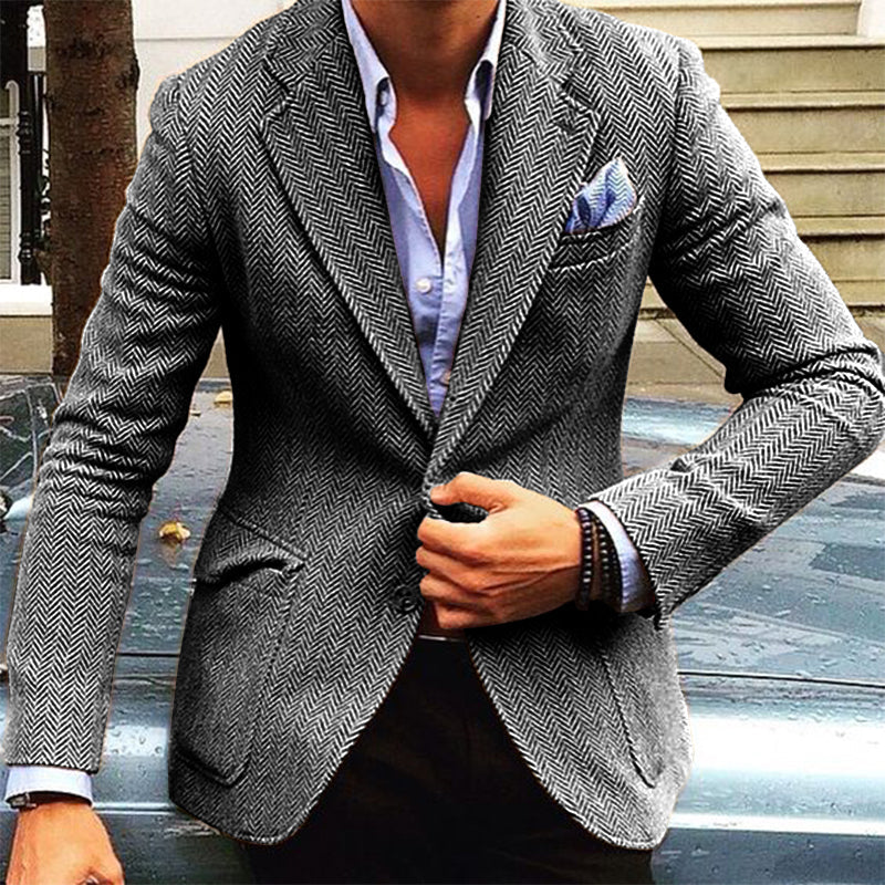 H&L Men's Vintage Herringbone Wool Blend Lapel Single Breasted Blazer