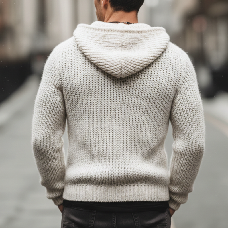 H&L Men's Urban Casual White Hooded Zip-up Knit Cardigan