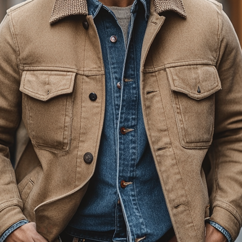 H&L Men's Cotton Patchwork Lapel Button Jacket
