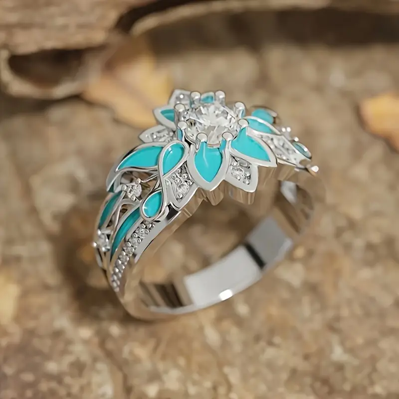 Elegant Turquoise Flower Crystal Ring