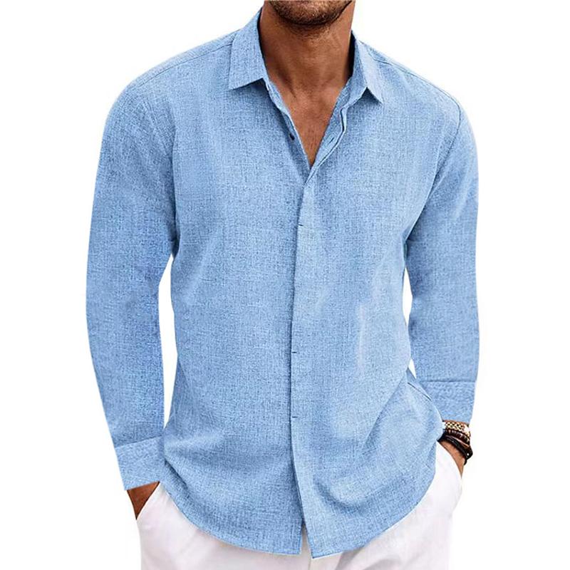 H&L Men's Casual Solid Color Cotton Linen Lapel Slim Fit Long Sleeve Shirt