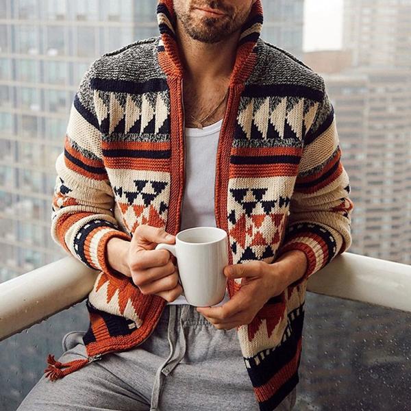H&L Men's Geometric Zip Cardigan Sweater Jacket