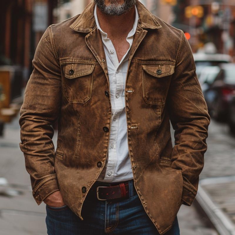 H&L Men's Vintage Heavy Washed Leather Lapel Single Breasted Multi-Pocket Work Jacket