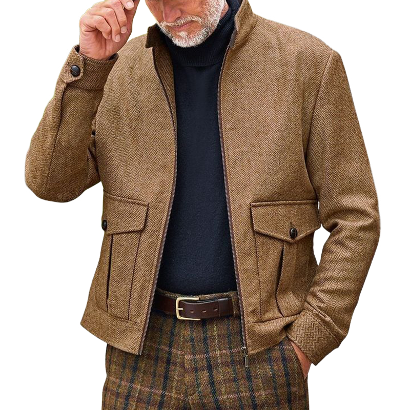 H&L Men's Retro Stand Collar Herringbone Blend Zipper Jacket