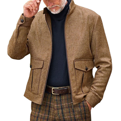 H&L Men's Retro Stand Collar Herringbone Blend Zipper Jacket