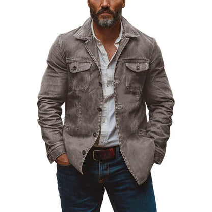 H&L Men's Vintage Heavy Washed Leather Lapel Single Breasted Multi-Pocket Work Jacket