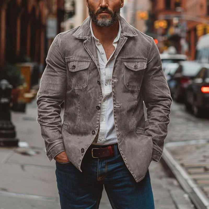 H&L Men's Vintage Heavy Washed Leather Lapel Single Breasted Multi-Pocket Work Jacket