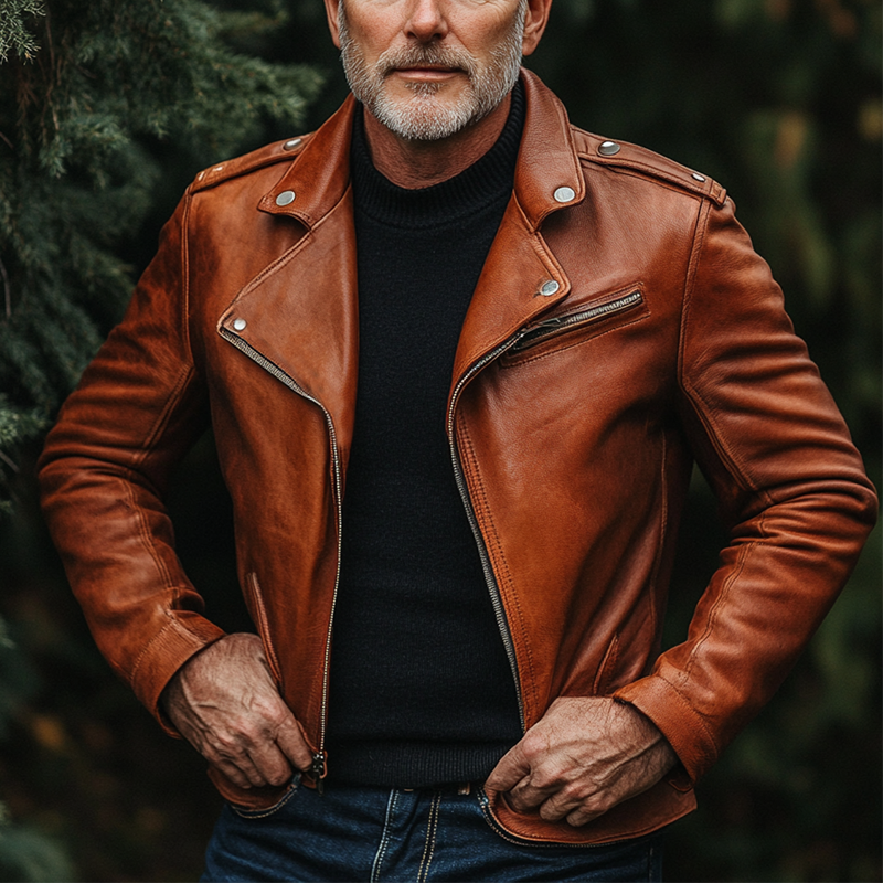 H&L Men's Solid Color Lapel Zipper PU Motorcycle Jacket