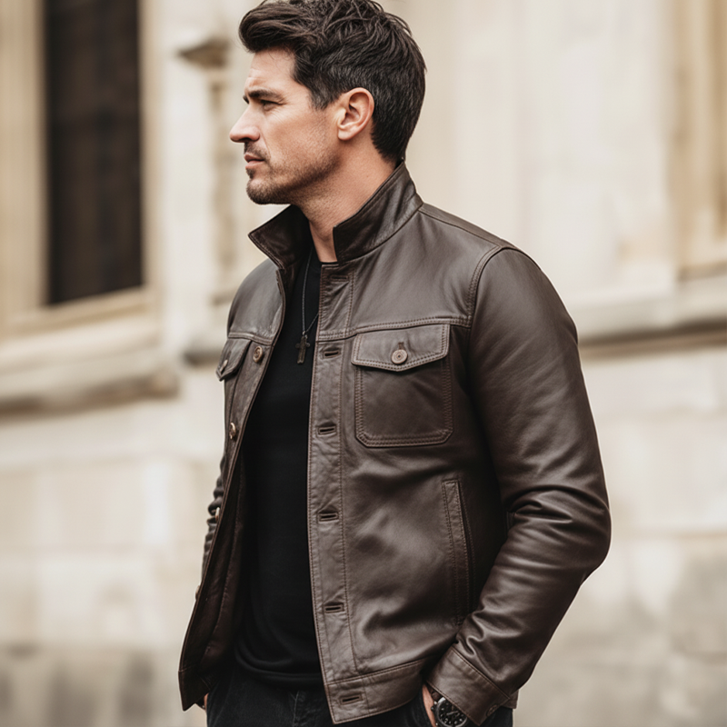 H&L Men's Urban Stand-collar Button-up Brown PU Leather Jacket