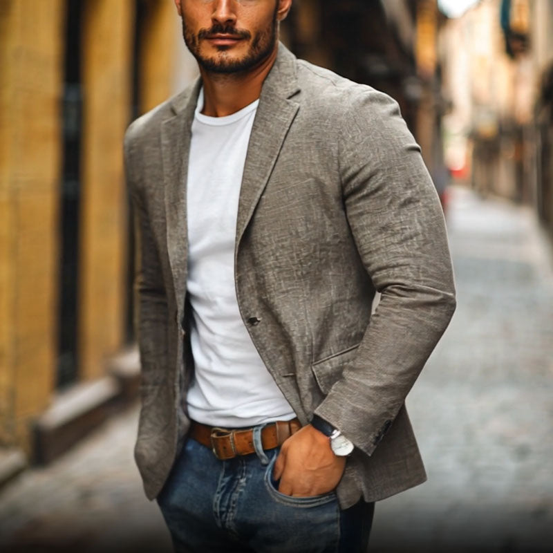 H&L Men's Casual Cotton Linen Notch Lapel Single-breasted Slim-fit Blazer