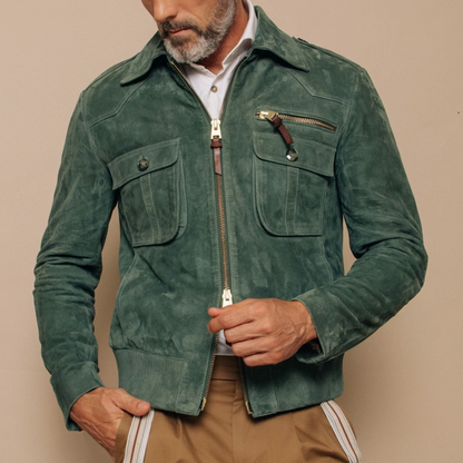 H&L Men's Retro Lapel Zipper Breast Pocket Suede Jacket