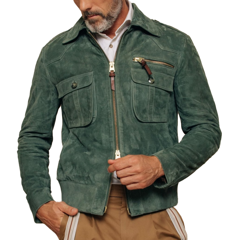 H&L Men's Retro Lapel Zipper Breast Pocket Suede Jacket