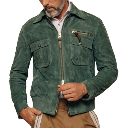 H&L Men's Retro Lapel Zipper Breast Pocket Suede Jacket