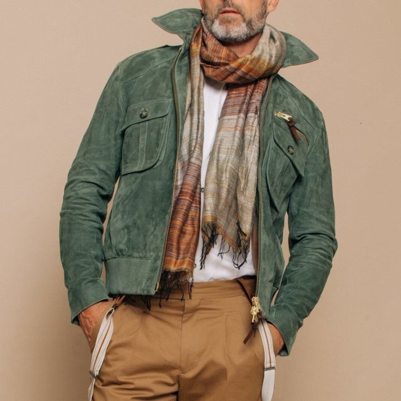 H&L Men's Retro Lapel Zipper Breast Pocket Suede Jacket