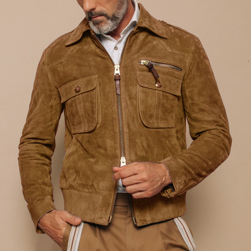 H&L Men's Retro Lapel Zipper Breast Pocket Suede Jacket
