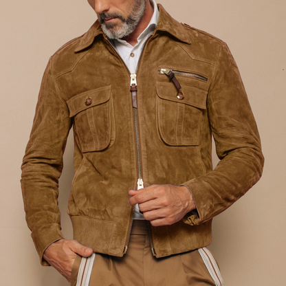 H&L Men's Retro Lapel Zipper Breast Pocket Suede Jacket