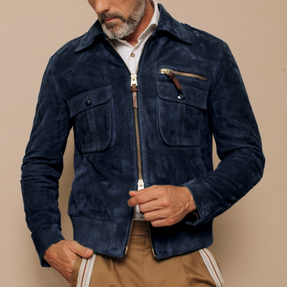 H&L Men's Retro Lapel Zipper Breast Pocket Suede Jacket