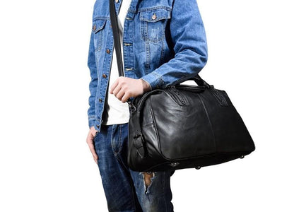 Black Leather Travel Luggage Bag for Men and Women