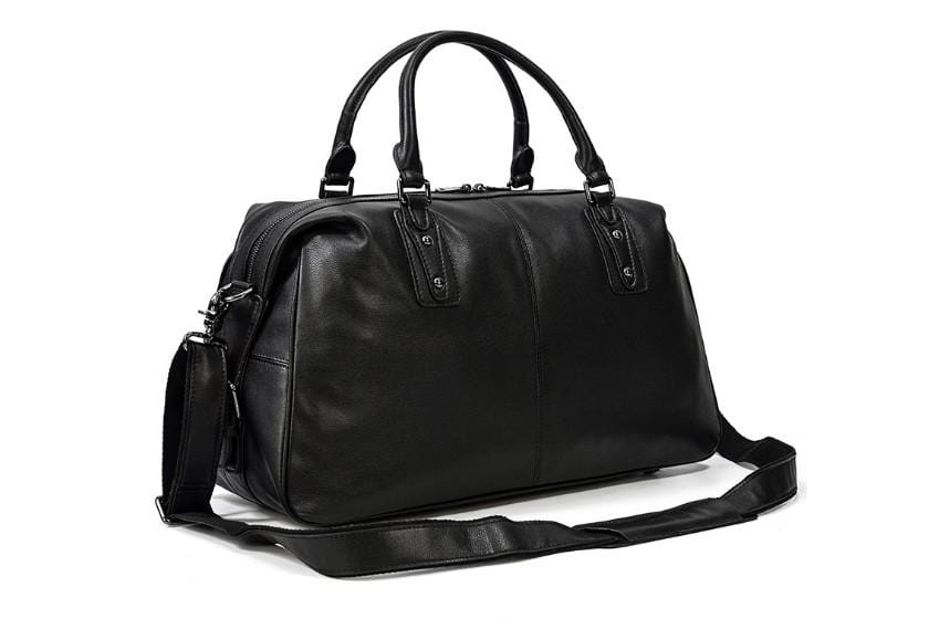 Black Leather Travel Luggage Bag for Men and Women