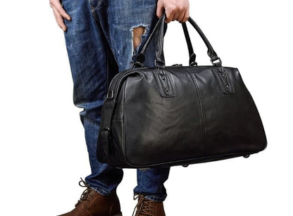 Black Leather Travel Luggage Bag for Men and Women
