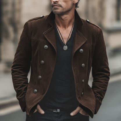H&L Men's Classic Chocolate Brown Double-breasted Notched Lapel Suede Jacket