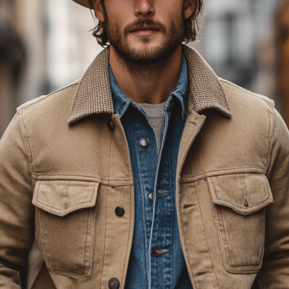 H&L Men's Cotton Patchwork Lapel Button Jacket