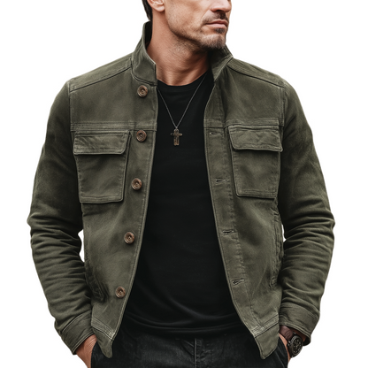H&L Men's Classic Army Green Stand-collar Suede Button-up Jacket