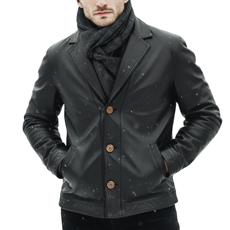 H&L Men's Business Style Notched Lapel Button-up Black PU Leather Jacket