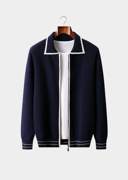 PURE EXTRA-FINE MERINO WOOL TWO-TONE POLO CARDIGAN