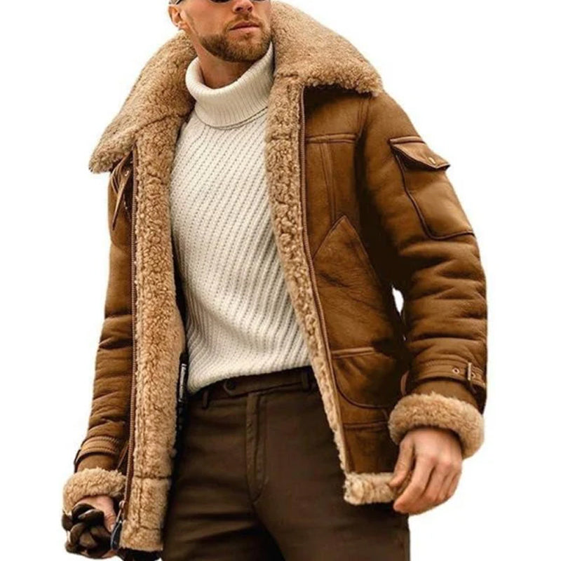H&L Men's Vintage Winter Lambswool Warm Lapel Multi-pocket Thick Coat