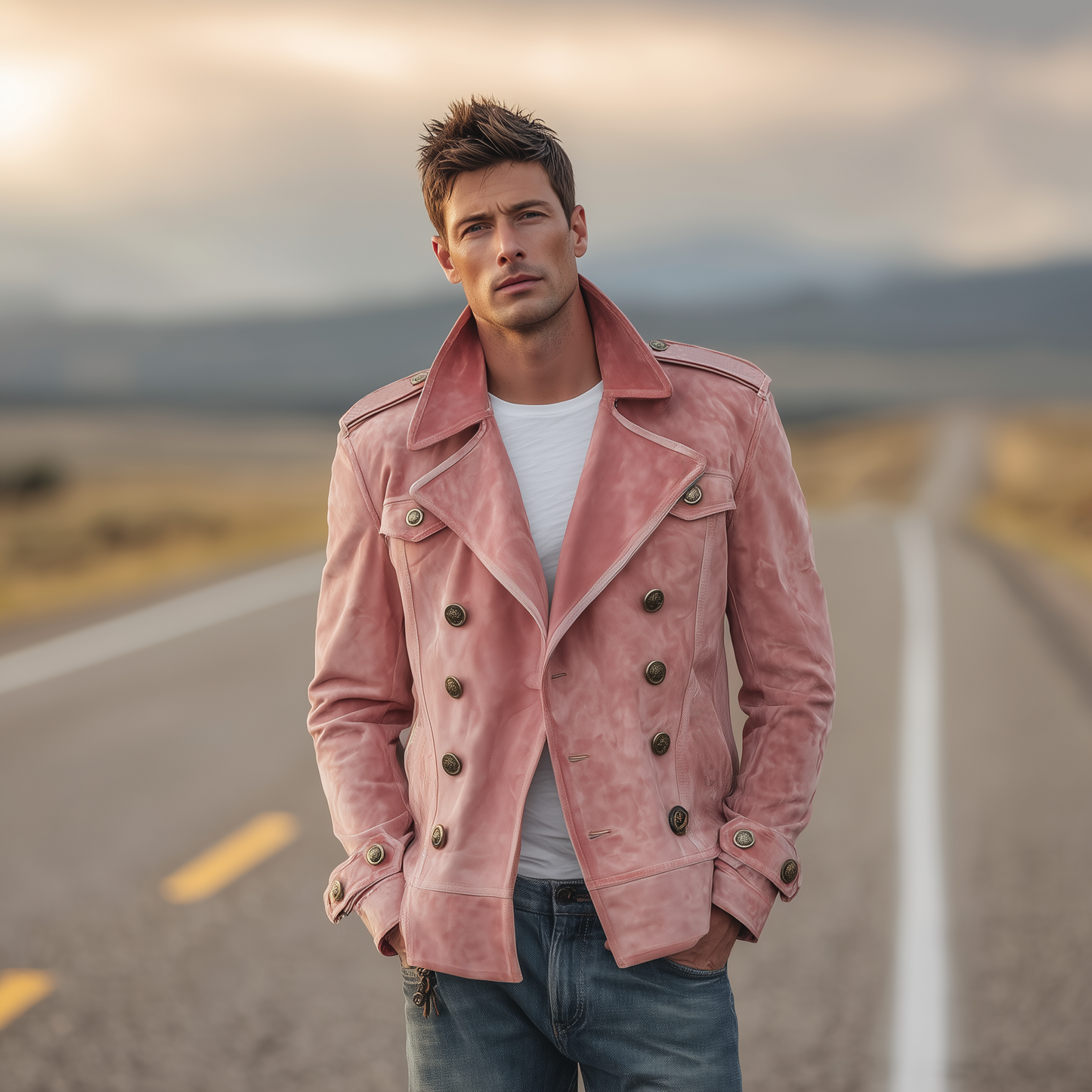 Men's Classic Retro Western Style Lapel Suede Epaulette Double-breasted Jacket MTA0801H7K