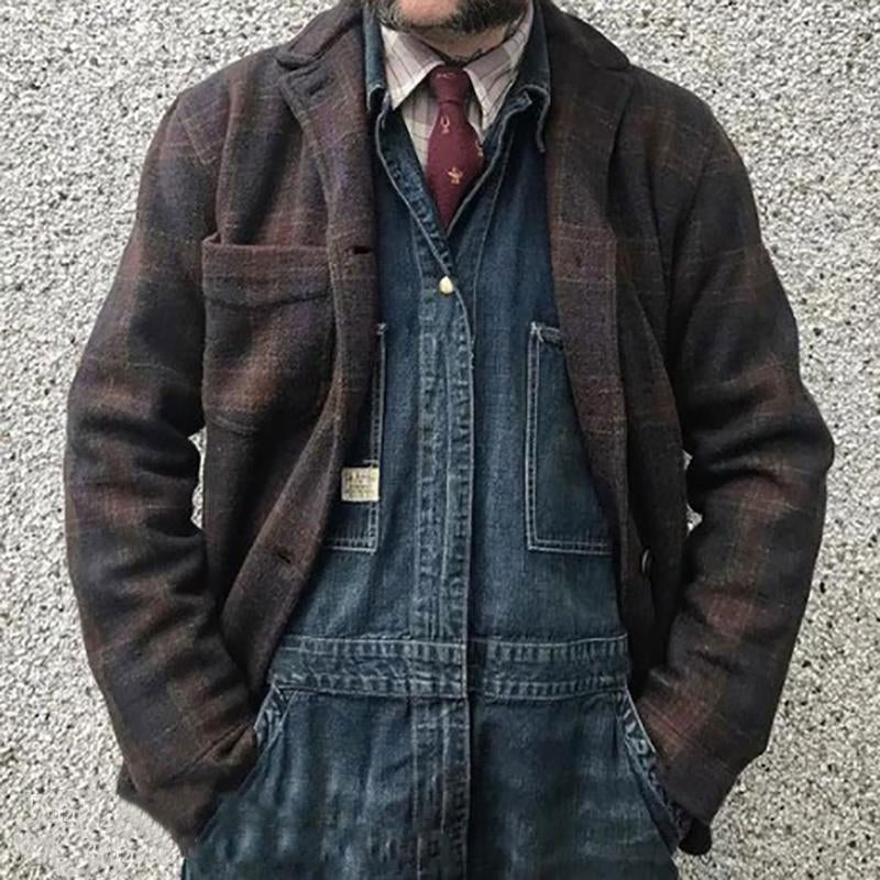 H&L Men's Retro Checkered Lapel Loose Jacket