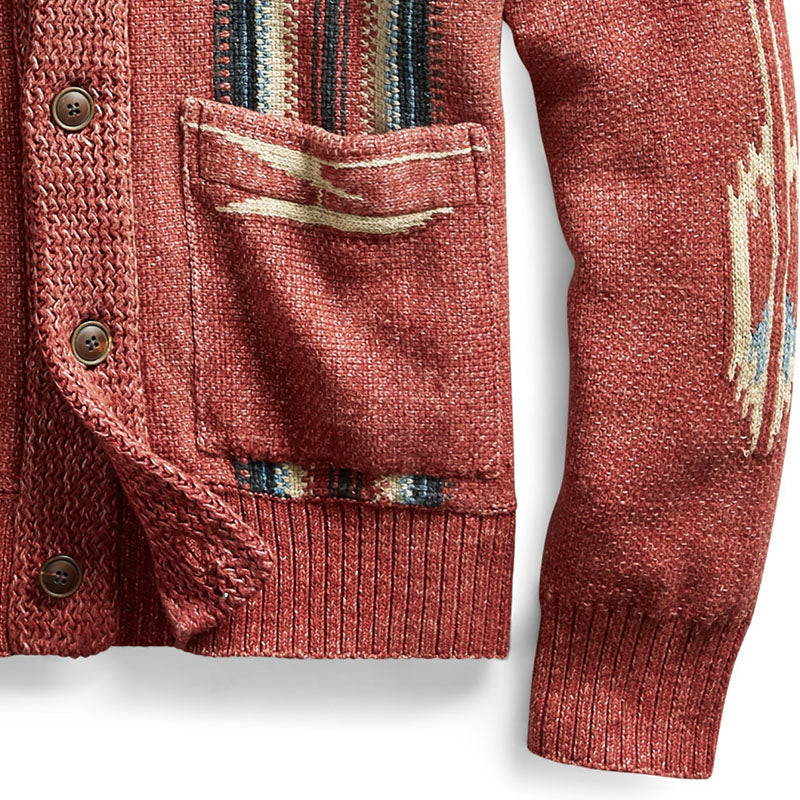 H&L Men's Vintage Jacquard Lapel Single Breasted Long Sleeve Knit Cardigan