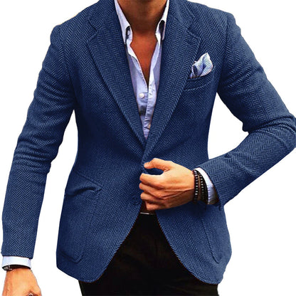 H&L Men's Vintage Herringbone Wool Blend Lapel Single Breasted Blazer