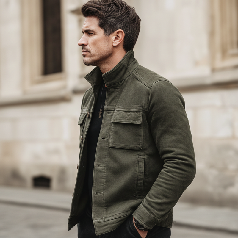 H&L Men's Classic Army Green Stand-collar Suede Button-up Jacket