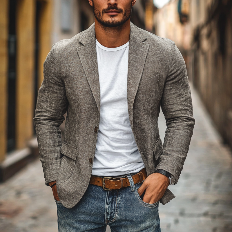 H&L Men's Casual Cotton Linen Notch Lapel Single-breasted Slim-fit Blazer