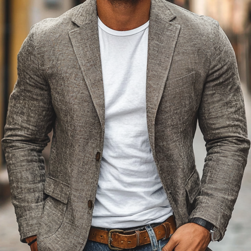 H&L Men's Casual Cotton Linen Notch Lapel Single-breasted Slim-fit Blazer