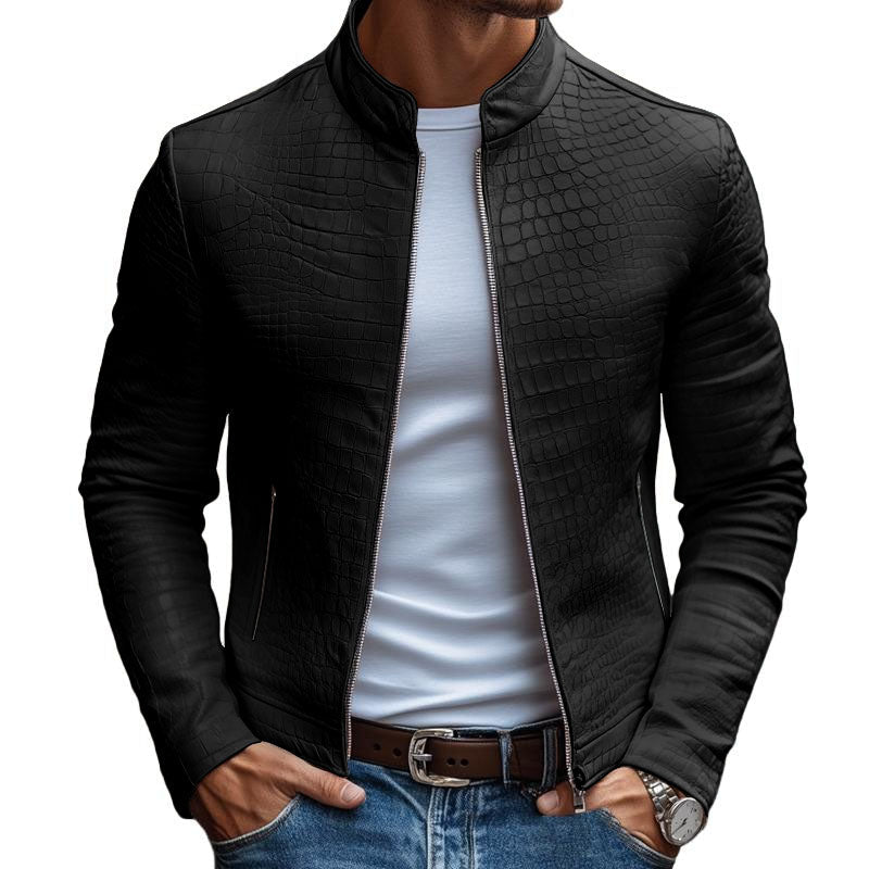 H&L Men's Fashion Stone Pattern Stand Collar Zipper Slim Fit Leather Jacket