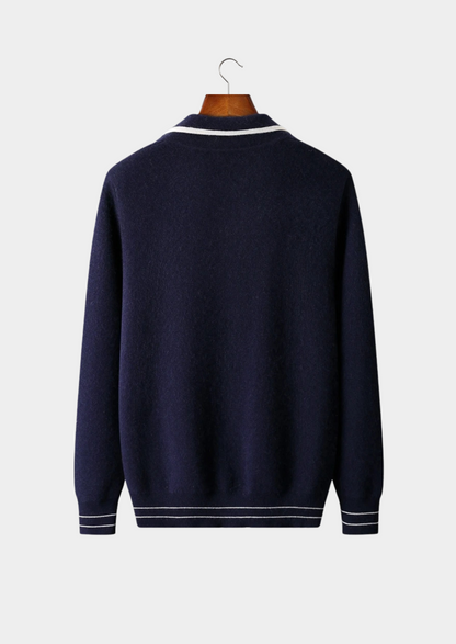 PURE EXTRA-FINE MERINO WOOL TWO-TONE POLO CARDIGAN