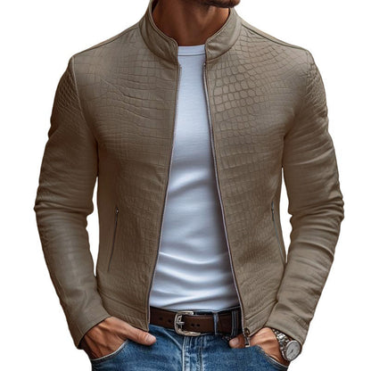 H&L Men's Fashion Stone Pattern Stand Collar Zipper Slim Fit Leather Jacket