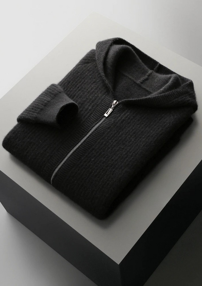 PURE EXTRA-FINE MERINO WOOL RIBBED ZIPPER HOODIE