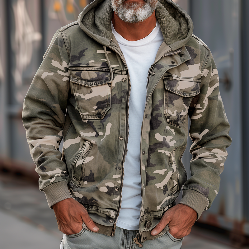 H&L Men's Camouflage Hooded Multi-pocket Zip Cargo Jacket