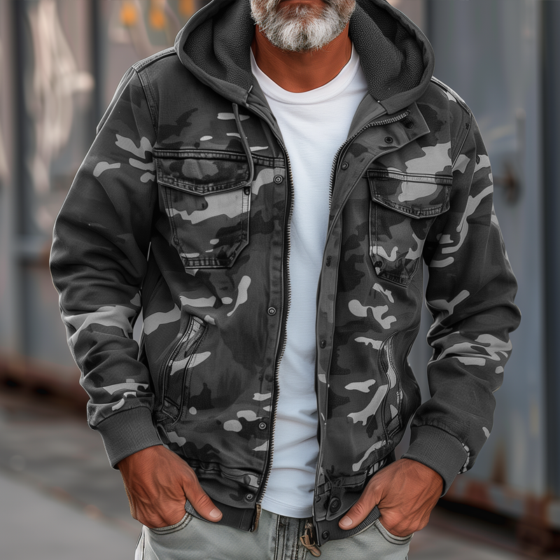 H&L Men's Camouflage Hooded Multi-pocket Zip Cargo Jacket