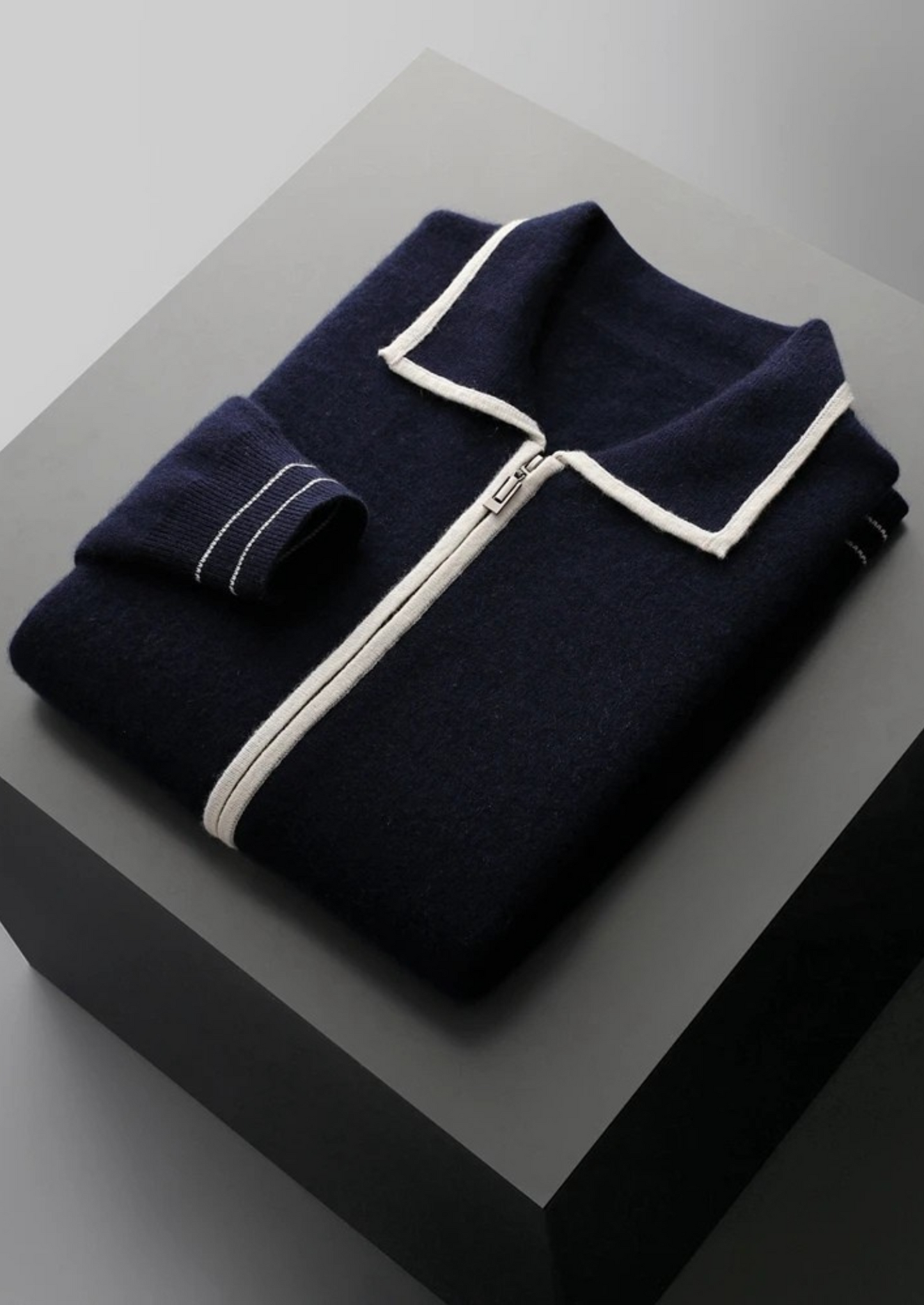 PURE EXTRA-FINE MERINO WOOL TWO-TONE POLO CARDIGAN