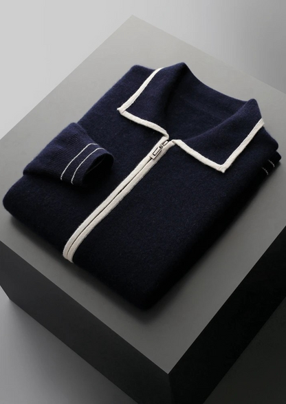 PURE EXTRA-FINE MERINO WOOL TWO-TONE POLO CARDIGAN