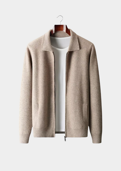 PURE EXTRA-FINE MERINO WOOL ZIP POLO CARDIGAN