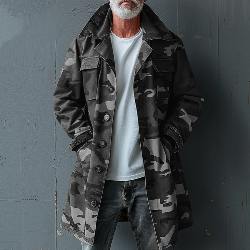 H&L Men's Camouflage Lapel Breast Pocket Single Breasted Mid-length Cargo Trench Coat