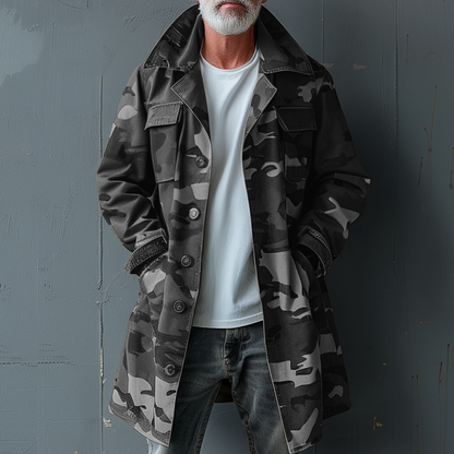 H&L Men's Camouflage Lapel Breast Pocket Single Breasted Mid-length Cargo Trench Coat