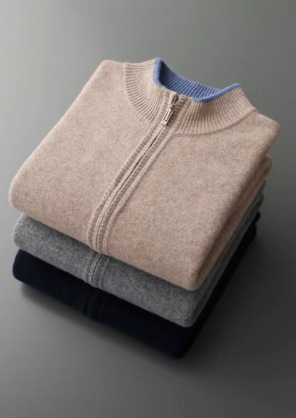 PURE EXTRA-FINE MERINO WOOL TWO-TONE ZIP CARDIGAN