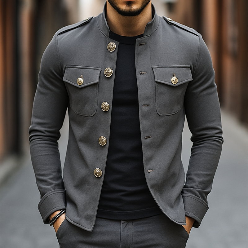 H&L Men's Vintage Casual Solid Stand Collar Button Jacket